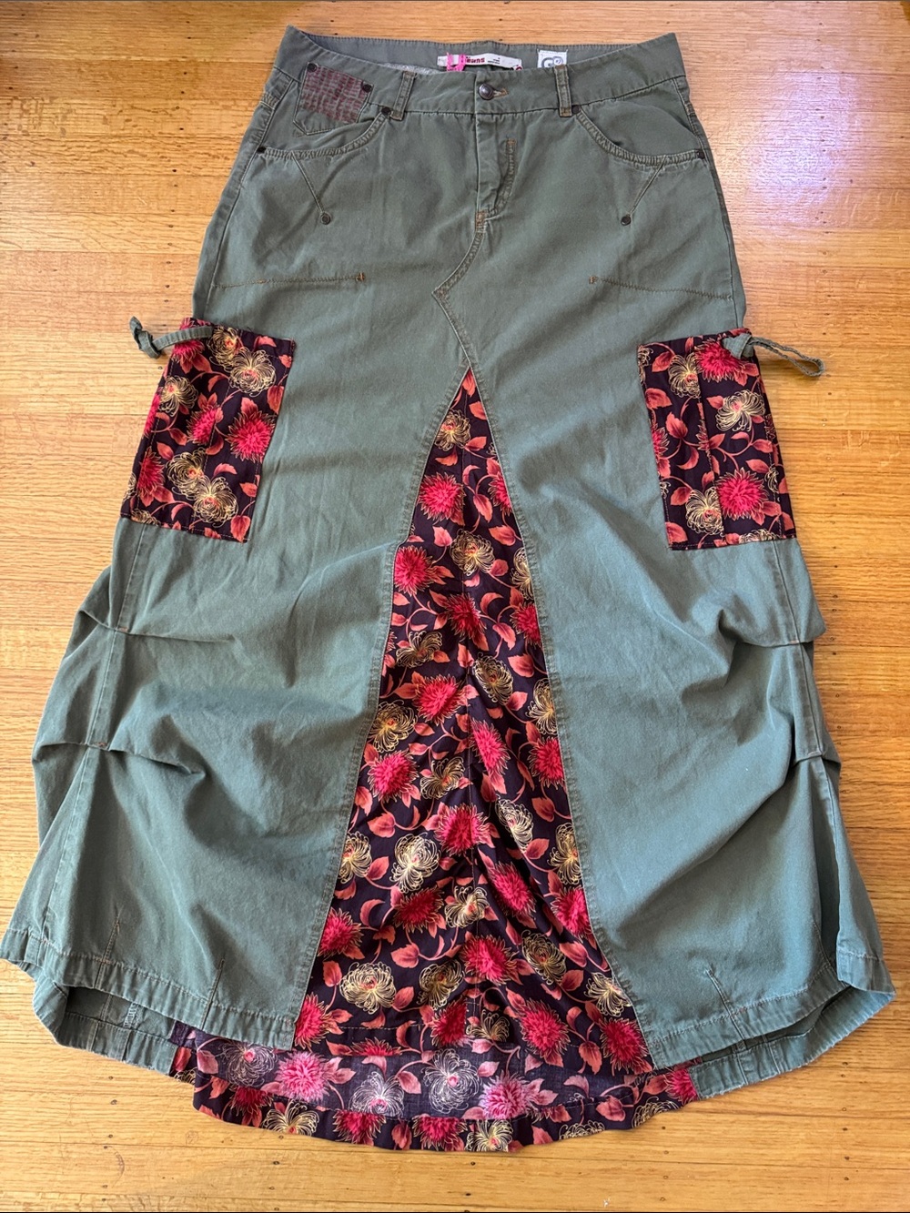 Relove Only Khaki High-Low Maxi Skirt with Floral Panels and Sashiko Stitching